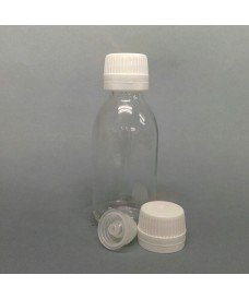 125 ml clear glass bottle with white 28mm screw cap with tamper-evident seal and dropper cap for syringe draw-off