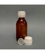 1 litre amber glass bottle with white PP28 screw cap with tamper-evident seal and dropper cap for syringe draw-off