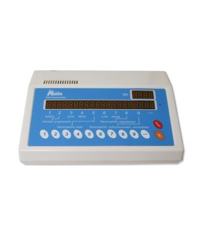 Digital leucocyte counter with 10 keys, per-channel and total display, % calculation and zeroing for manual differentials. Digital leucocyte counter with 10 keys, per-channel and total display, % calculation and zeroing for manual differentials.