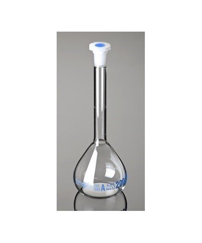Matraz aforado de vidrio transparente con tapón PP y de 250 ml de capacidad, clase A