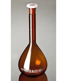 Volumetric amber glass flask with stopper, 50 ml capacity, Class A