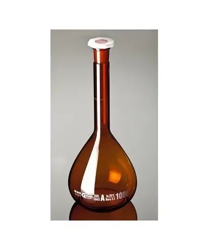 Volumetric amber glass flask with stopper, 50 ml capacity, Class A