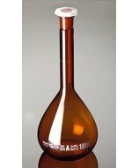 Matraz aforado de vidrio ámbar de 1 litro de capacidad, clase A, con certificado y número de lote.