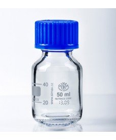 Frasco ISO graduado de vidrio transparente de 50 ml con tapa de rosca GL32 y anillo de vertido de color azul.