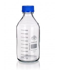 Frasco ISO graduado de vidrio de borosilicato transparente de 250 ml con tapa de rosca GL45 y anillo de vertido de color azul.