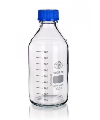 Frasco ISO graduado de vidrio de borosilicato transparente de 500 ml con tapa de rosca GL45 y anillo de vertido de color azul.