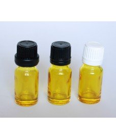 Yellow glass bottle with narrow neck & screw cap & vertical dropper cap for oil, 10ml