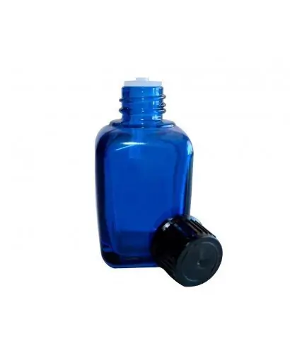 Blue square glass bottle with 18mm thread and black cap with shutter dropper, 30ml
