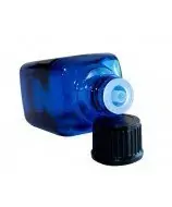 Blue square glass bottle with 18mm thread and black cap with shutter dropper, 30ml