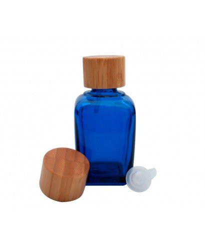 Frasco cuadrado azul con tapa a rosca de bambú de 18mm diámetro y otero obturador 30ml
