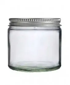 Pot en verre transparent de 250 ml et bouchon à vis en aluminium de couleur argentée