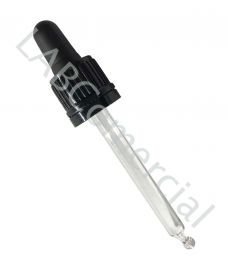 Black DIN18 screw cap with tamper-evident seal, rubber nipple and 110 mm glass pipette long