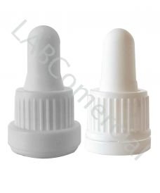 Detail of the two models of the 18 mm white screw-on dropper caps