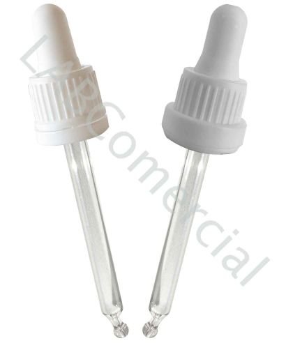 18 mm white screw cap with tamper-evident seal, rubber nipple and glass pipette 77 mm long