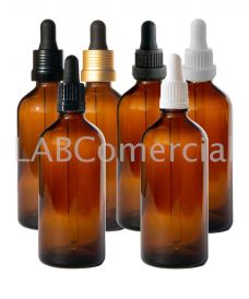 100ml amber glass bottles with different models of DIN18 screw-on dropper caps with glass tube