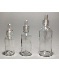 30 ml transparent glass bottle with transparent DIN18 screw-on dropper cap and glass pipette