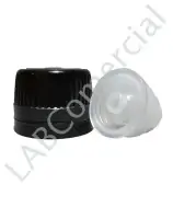 Tapa negra de rosca con disco interior EPE y precinto de seguridad para frascos de vidrio con boca PP28.