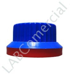 Tapa rosca GL45 azul con anillo de seguridad rojo y faldón interior para garantizar la estanqueidad del contenido de su frasco.