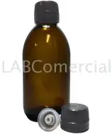 Frasco de vidrio ámbar de 1 litro, tapa negra de rosca PP28 con precinto de seguridad y tapón gotero obturador para jeringa
