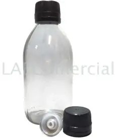 Frasco de vidrio transparente de 125 ml, tapa negra con precinto de seguridad y tapón obturador con orificio para jeringa