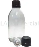 Frasco de vidrio transparente de 125 ml, tapa negra con precinto de seguridad y tapón obturador con orificio para jeringa