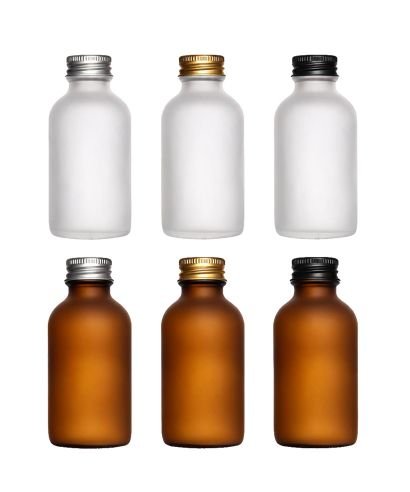 Flacons Boston en verre dépoli, options ambre et transparent, bague PP28, avec bouchons en aluminium brillant