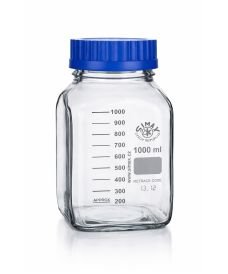 Flacon carré en verre borosilicaté transparent ou ambré, gradué et à filetage GL80