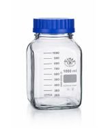 Flacon carré en verre borosilicaté transparent ou ambré, gradué et à filetage GL80