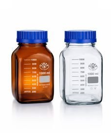 Flacon carré en verre borosilicaté transparent ou ambré, gradué et à filetage GL80