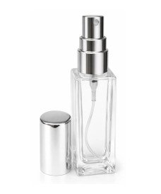 Square Spray Bottle with Silver Spray and Cap, Clear Glass, 10ml