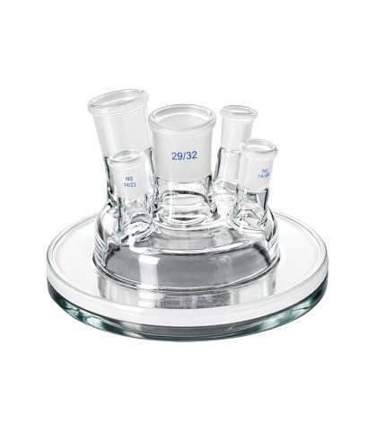 Tapa para matraz reactor, 5 salidas juntas esmeriladas 29/32 y 14/23
