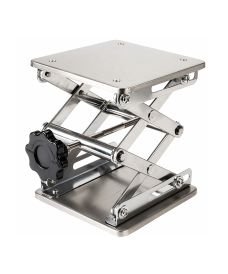 Stainless steel laboratory scissor jack with a 150 × 150 mm platform and adjustable height from 50 mm to 270 mm.
