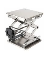 Stainless steel laboratory scissor jack with a 150 × 150 mm platform and adjustable height from 50 mm to 270 mm.