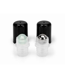 Black DIN18 roll-on cap for glass bottles with glass and stainless steel balls