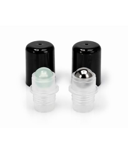 Black DIN18 roll-on cap for glass bottles with glass and stainless steel balls