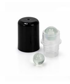 Black cap with roll-on applicator and glass ball for DIN18 thread or 18 mm thread glass bottles