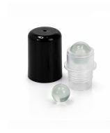 Black cap with roll-on applicator and glass ball for DIN18 thread or 18 mm thread glass bottles