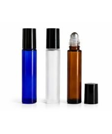 Tubes roll-on en verre avec bille en acier inoxydable et bouchon noir à vis, disponibles en verre ambré, bleu et blanc dépoli.