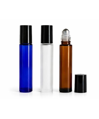 Tubos roll-on de vidrio con bola de acero inoxidable y tapa negra a rosca, disponibles en acabado ámbar, azul y blanco glaseado.