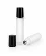 Tube roll-on en verre blanc dépoli avec bille en acier inoxydable et bouchon noir à vis.