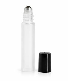 Tube roll-on en verre blanc dépoli avec bille en acier inoxydable et bouchon noir à vis.