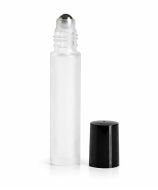 Frosted white glass roll-on tube with stainless steel ball and black screw cap.