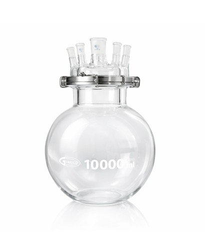 Ballon réacteur sphérique en verre borosilicaté avec couvercle à 5 cols rodés, 10 L