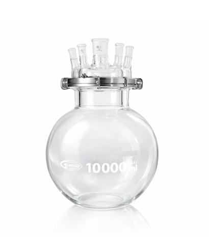 Matraz reactor esférico de vidrio borosilicato con tapa de 5 bocas esmeriladas de 10 litros
