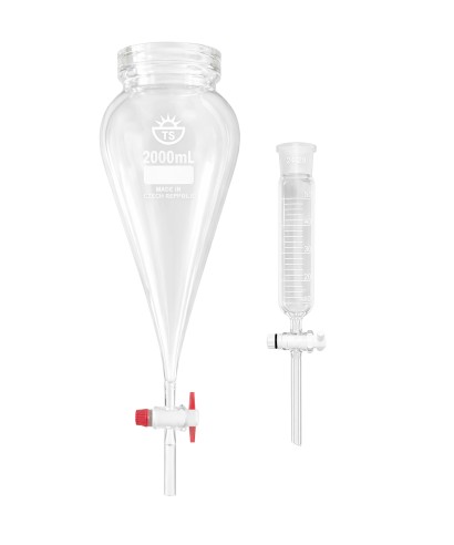 Entonnoirs digesteurs de trichine en verre avec robinet PTFE, modèles conique 2 000 ml et cylindrique 50 ml.
