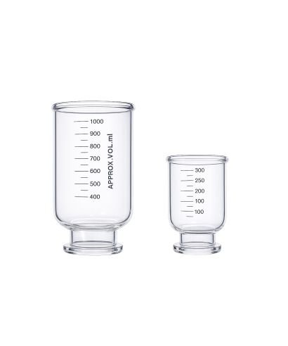 Embudos de filtración graduados en vidrio borosilicato transparente, disponibles en 300 ml, 500 ml y 1 litro