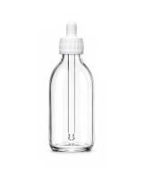 Frasco de vidrio transparente con tapa cuentagotas blanca de rosca PP28 y con tubo vidrio