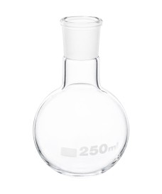 Matraz esférico de vidrio borosilicato con boca esmerilada, ideal para calentamiento uniforme y reacciones en laboratorio.