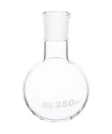Matraz esférico de vidrio borosilicato con boca esmerilada, ideal para calentamiento uniforme y reacciones en laboratorio.