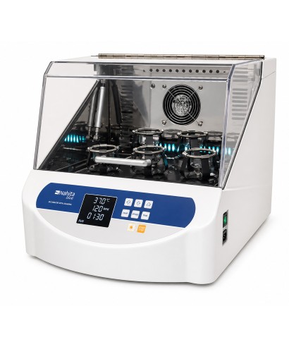 Nahita Blue orbital incubator shaker model 650 with 50 L chamber, digital control and transparent lid for process monitoring.
